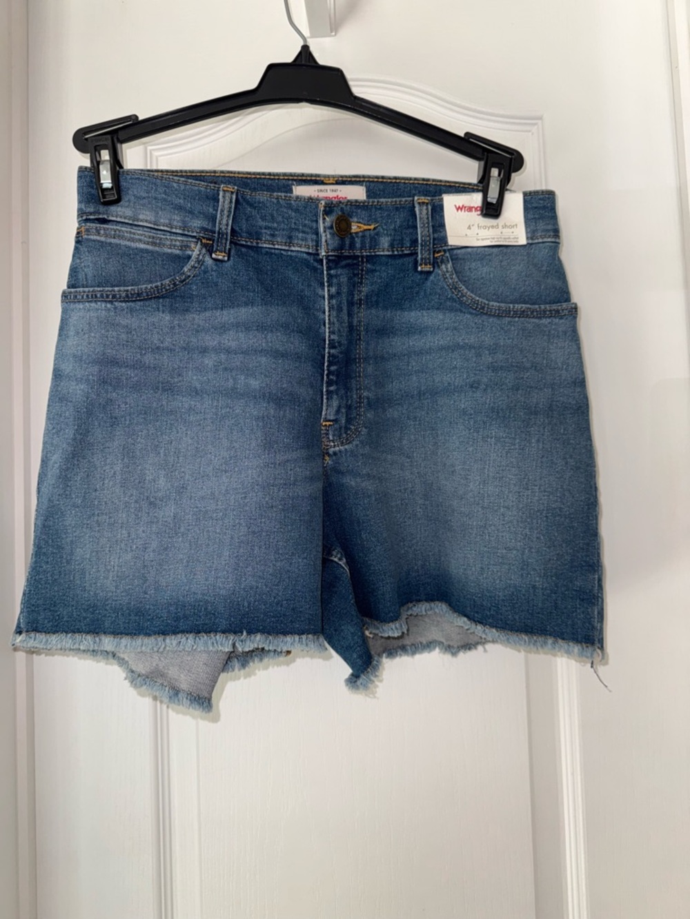 Wrangler Medium Blue Denim Cutoff Shorts with Frayed Hem